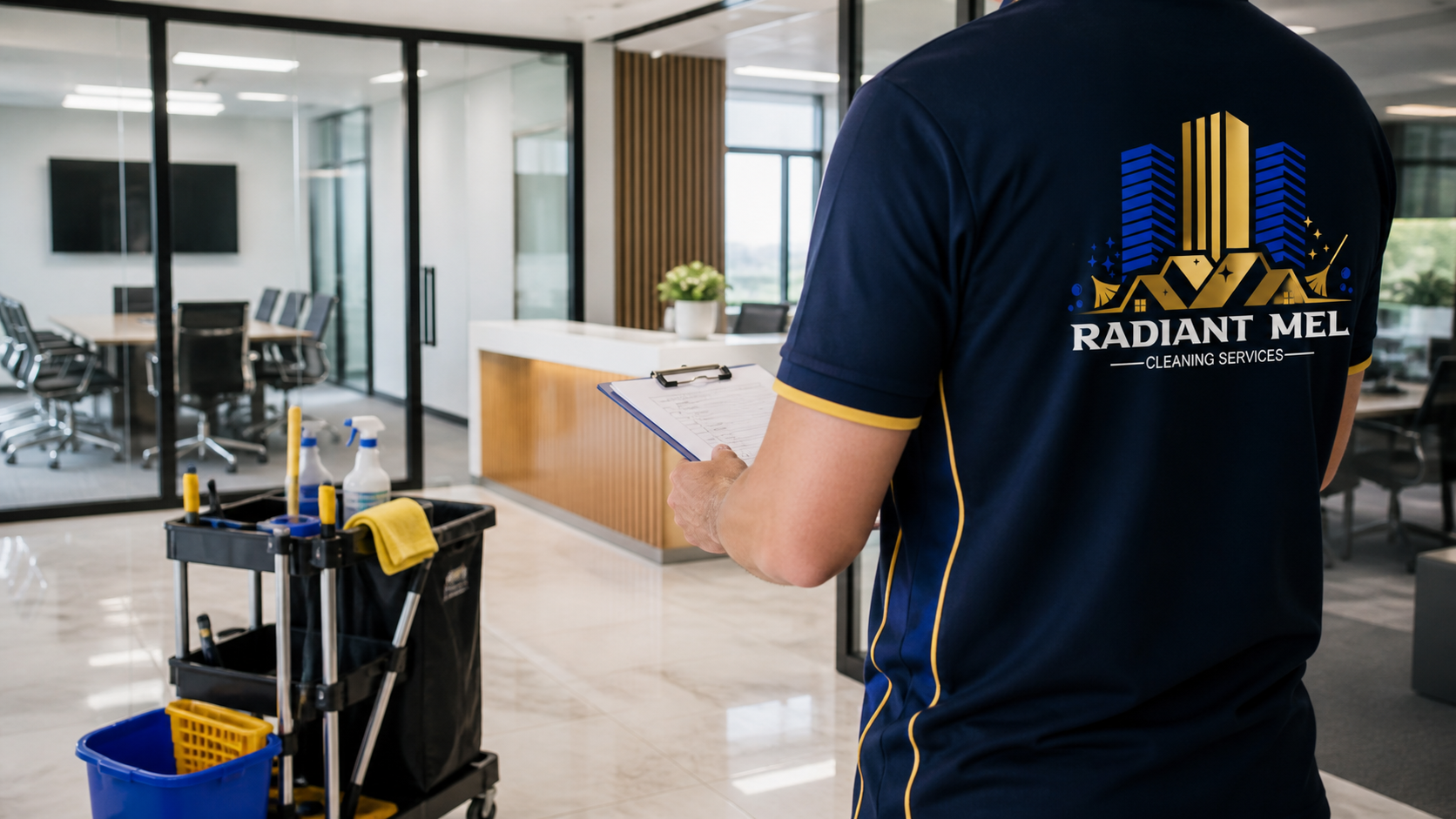 Radiant Mel cleaner completing a commercial cleaning quality checklist